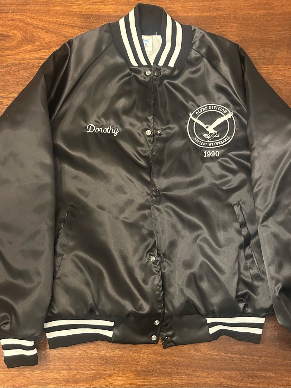 Black Satin Bomber Jacket with White Embroidery